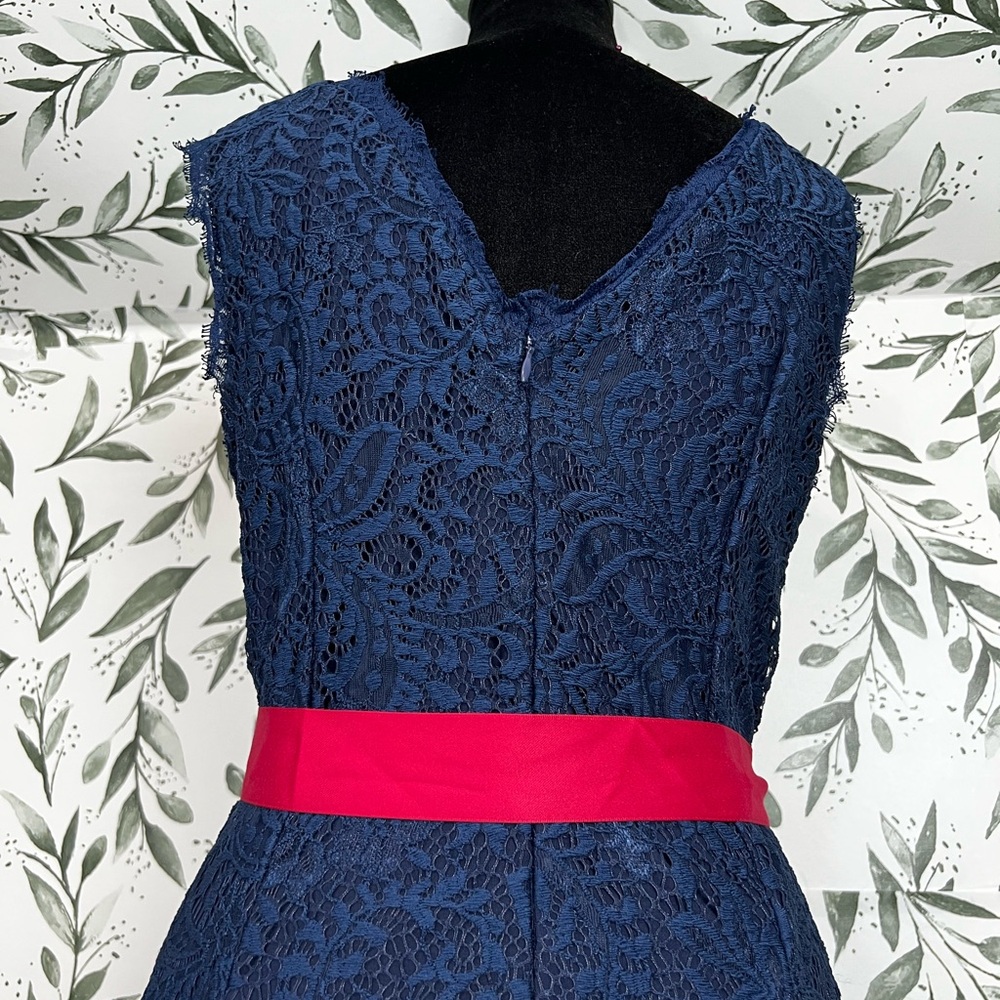 Retro Vintage Navy Blue Lace Sleeveless Dress Vibrant Red Satin Sash Size M #D - Picture 8 of 11